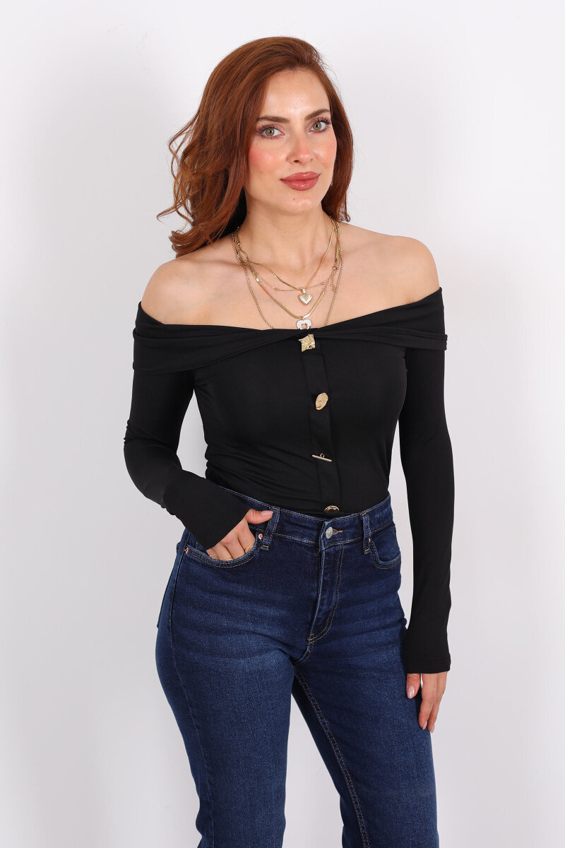 Düğme Aksesuarlı Madonna Yaka Siyah Kadın Crop - 5