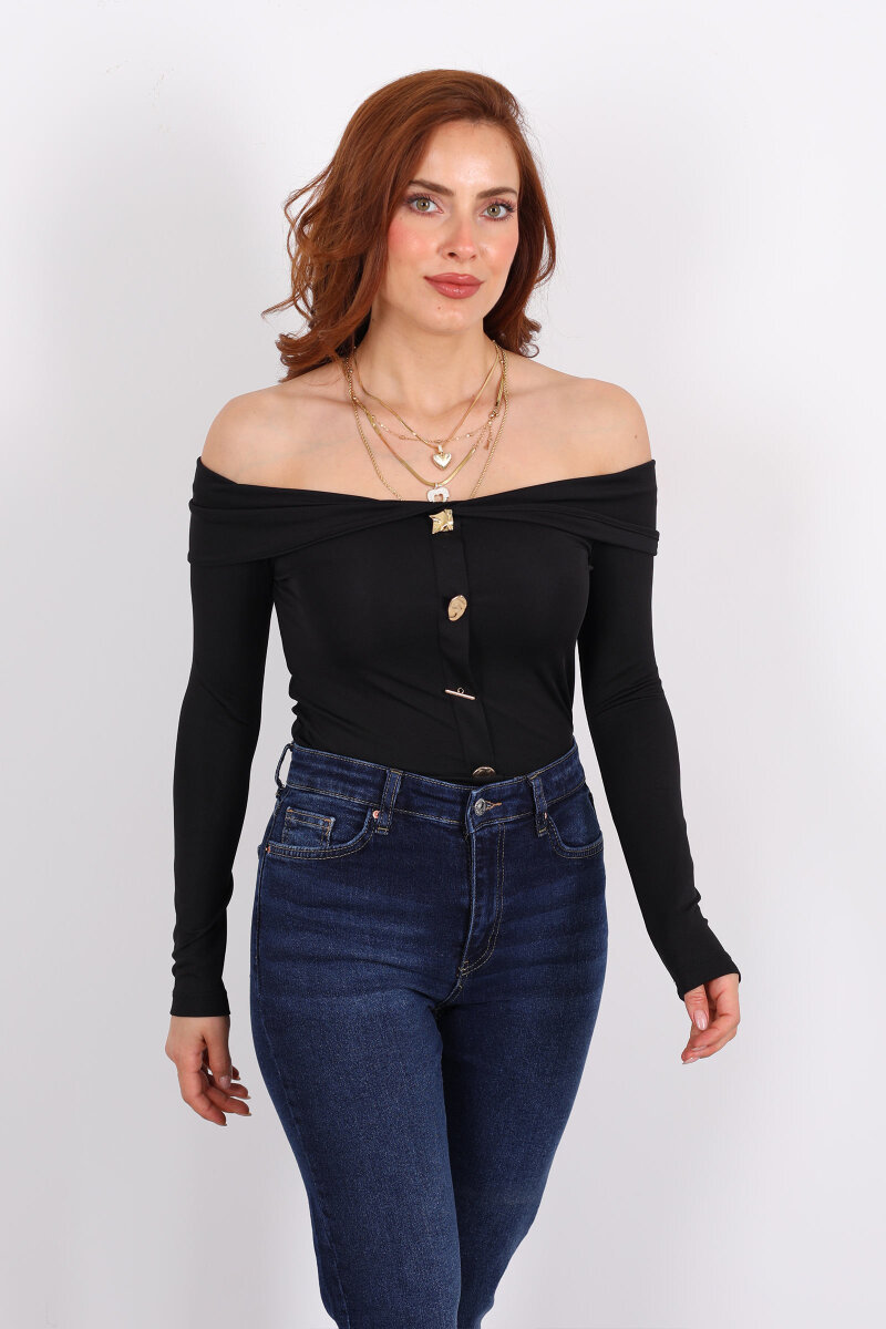 Düğme Aksesuarlı Madonna Yaka Siyah Kadın Crop - 1