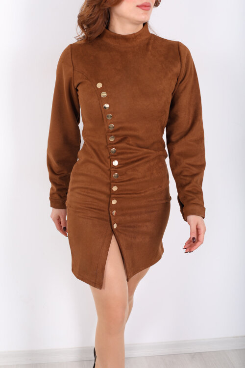 Düğme Detaylı Büzgülü Kahverengi Kadın Mini Süet Elbise - Berox (1)