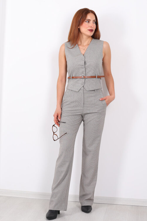 Düğme Detaylı Kemerli Ekose Desenli Vizon Kadın Yelek - 3