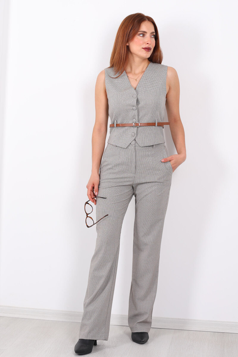 Düğme Detaylı Kemerli Ekose Desenli Vizon Kadın Yelek - 3