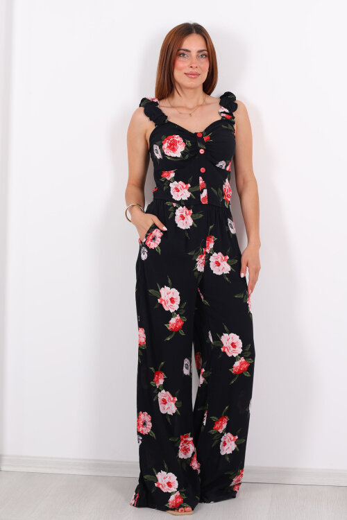 Düğme Detaylı Kolları Fırfırlı Bol Paça Pantolon Kadın Siyah Takım - 3