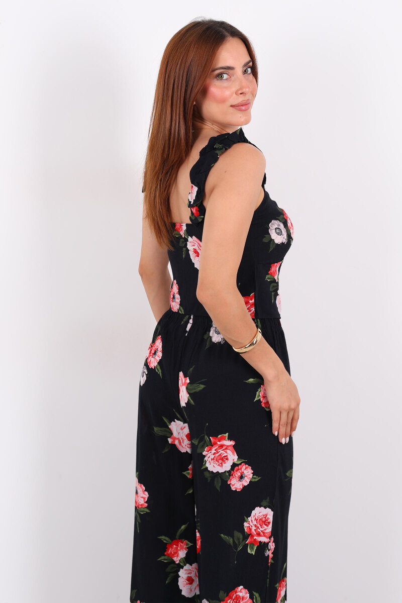 Düğme Detaylı Kolları Fırfırlı Bol Paça Pantolon Kadın Siyah Takım - 5