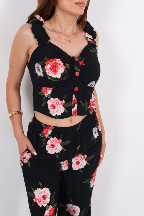 Düğme Detaylı Kolları Fırfırlı Bol Paça Pantolon Kadın Siyah Takım - Berox (1)