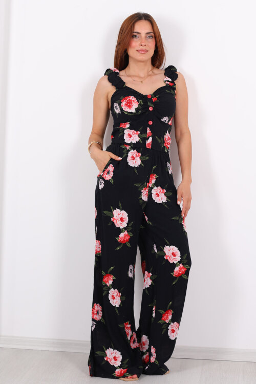 Düğme Detaylı Kolları Fırfırlı Bol Paça Pantolon Kadın Siyah Takım - 6