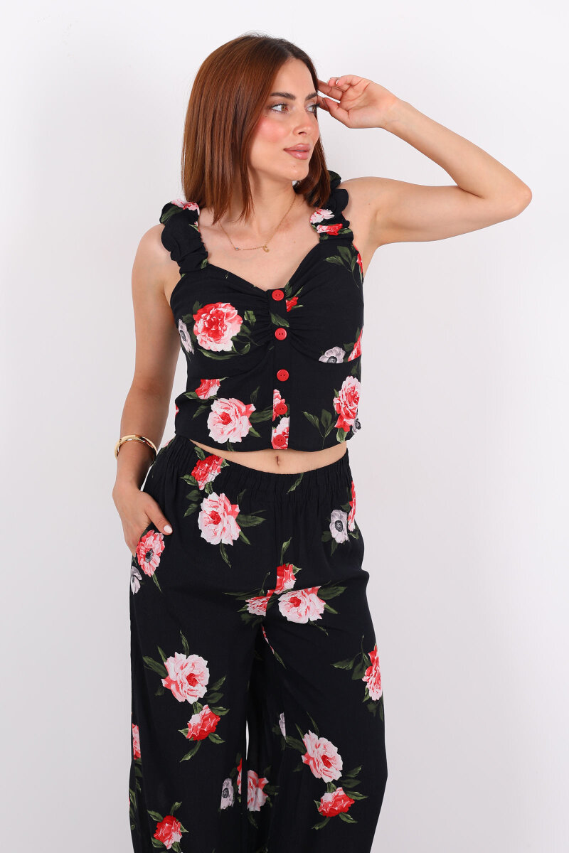 Düğme Detaylı Kolları Fırfırlı Bol Paça Pantolon Kadın Siyah Takım - 4