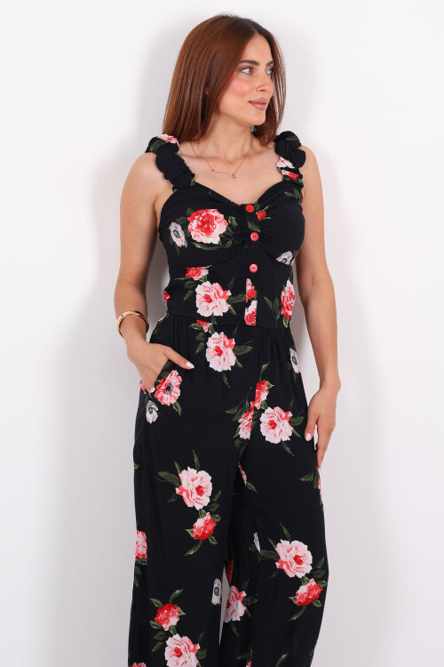 Düğme Detaylı Kolları Fırfırlı Bol Paça Pantolon Kadın Siyah Takım - Berox