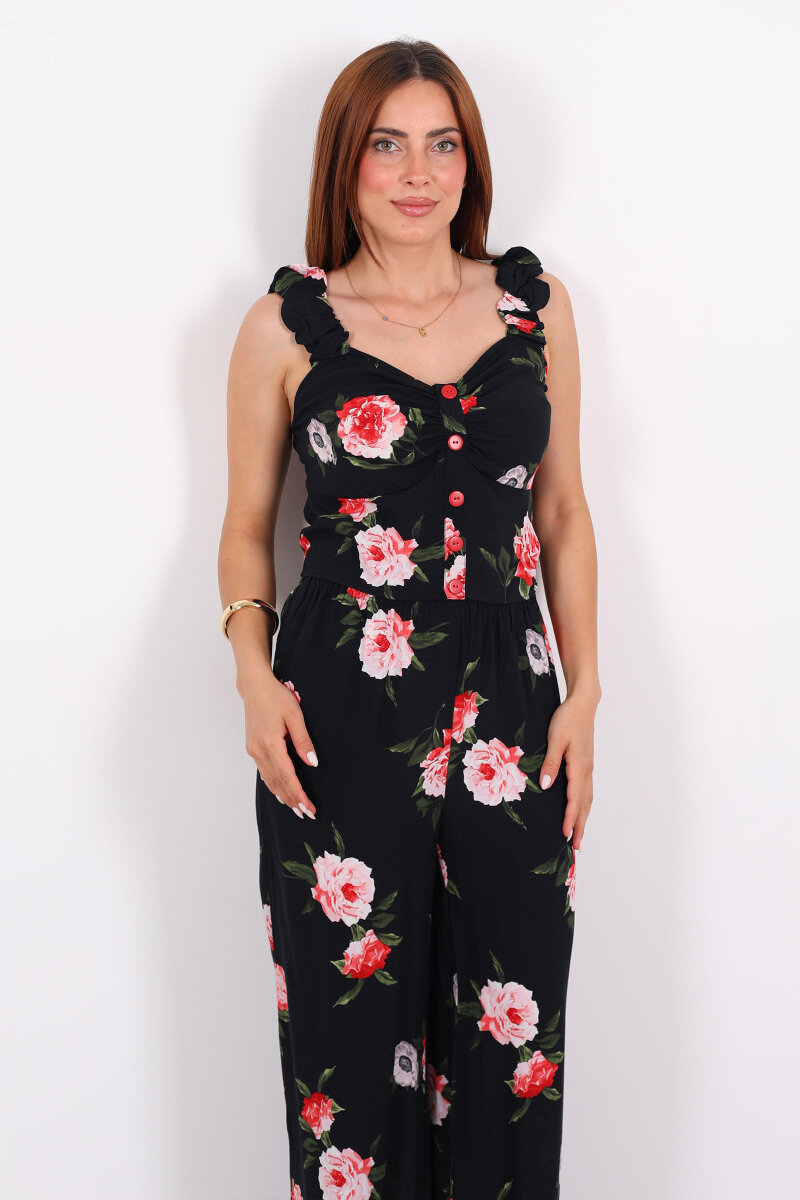 Düğme Detaylı Kolları Fırfırlı Bol Paça Pantolon Kadın Siyah Takım - 7