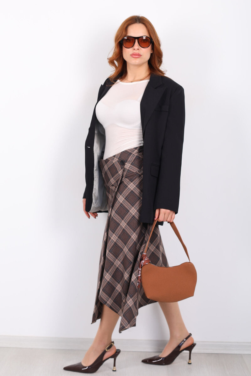 Düğme Kapamalı Ekose Kahverengi Kadın Midi Etek - 6