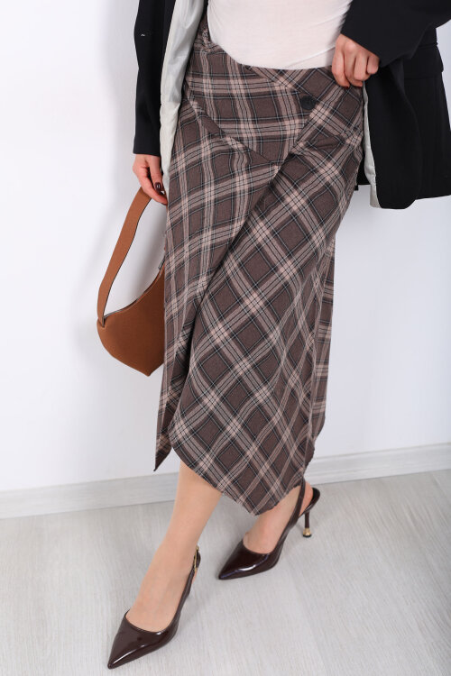 Düğme Kapamalı Ekose Kahverengi Kadın Midi Etek - Berox (1)