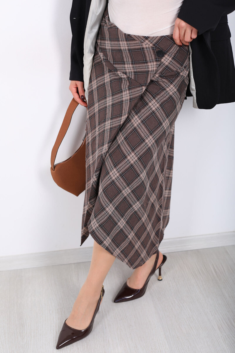 Düğme Kapamalı Ekose Kahverengi Kadın Midi Etek - 2