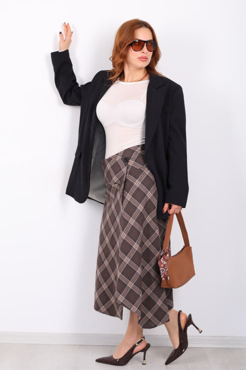Düğme Kapamalı Ekose Kahverengi Kadın Midi Etek - 3
