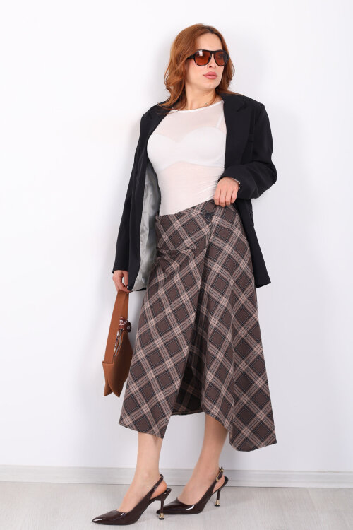 Düğme Kapamalı Ekose Kahverengi Kadın Midi Etek - 7