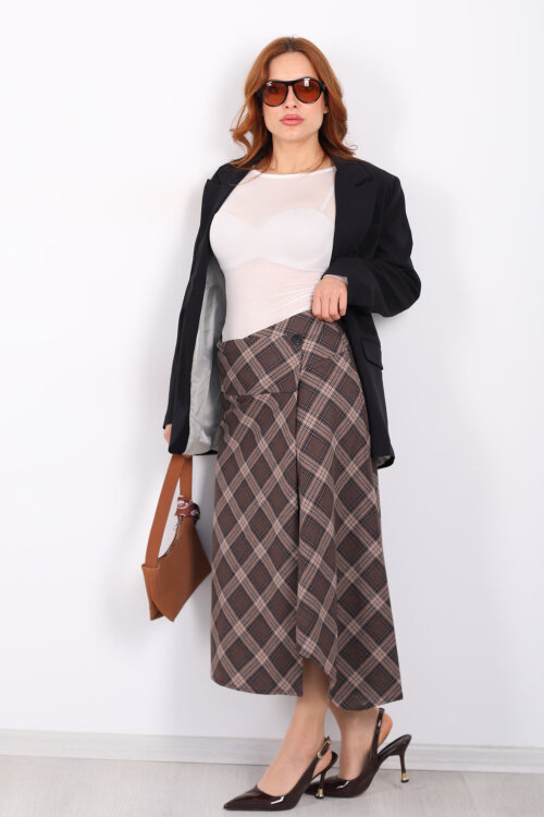 Düğme Kapamalı Ekose Kahverengi Kadın Midi Etek - 5