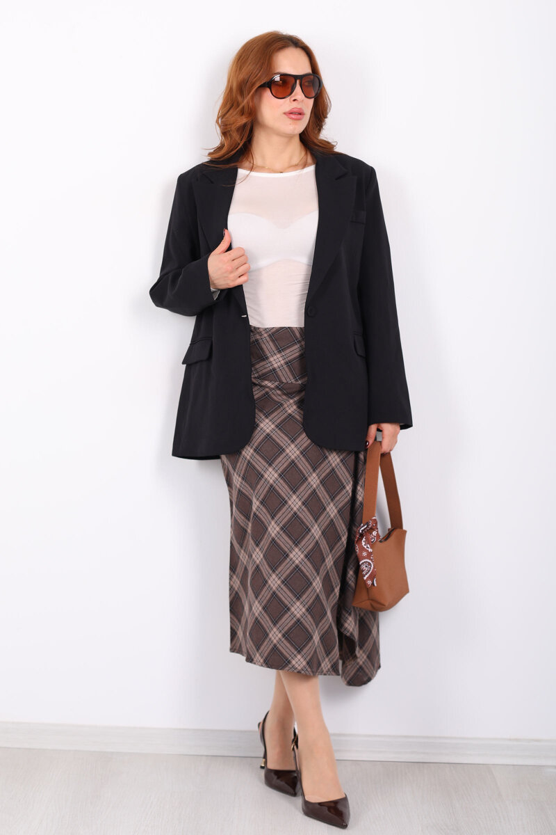 Düğme Kapamalı Ekose Kahverengi Kadın Midi Etek - 4
