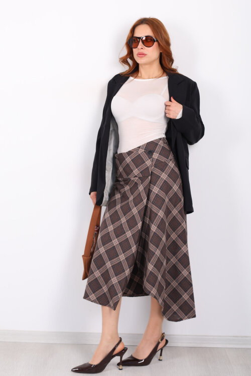 Düğme Kapamalı Ekose Kahverengi Kadın Midi Etek - Berox