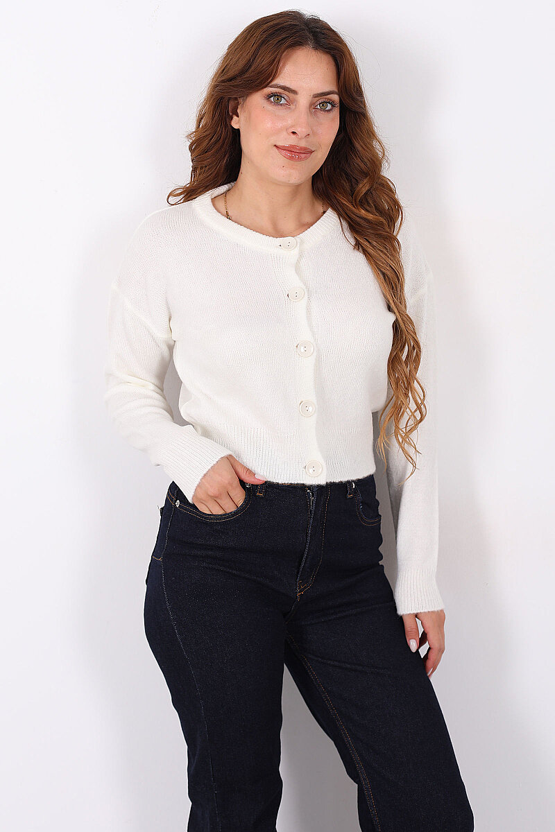Düğmeli Bisiklet Yaka Ekru Kadın Triko Hırka - 3