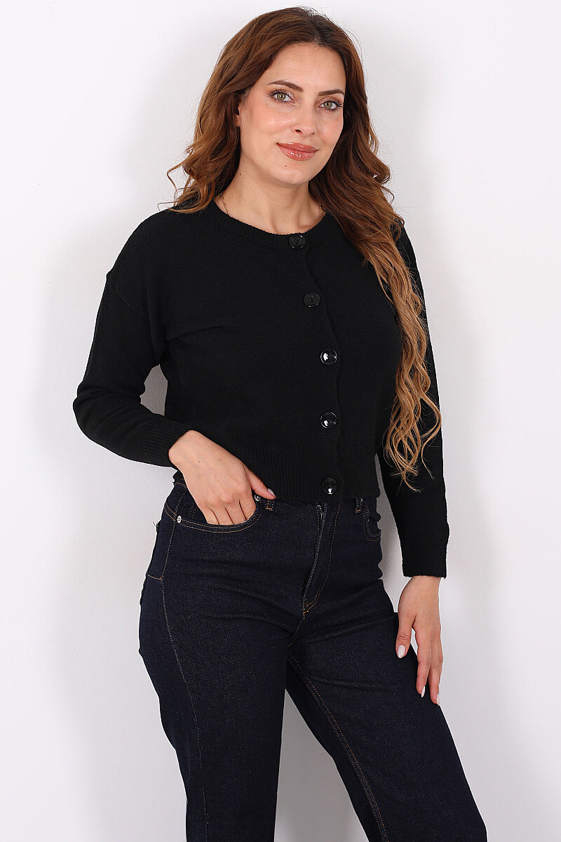 Düğmeli Bisiklet Yaka Siyah Kadın Triko Hırka - 1