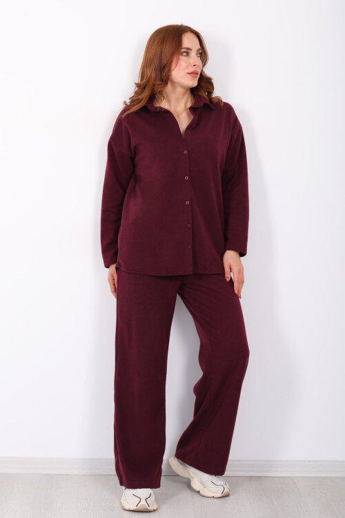 Düğmeli Bol Paça Bordo Kadın Selanik Takım - 7