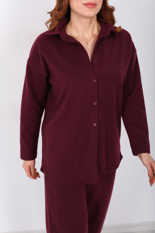 Düğmeli Bol Paça Bordo Kadın Selanik Takım - Berox (1)