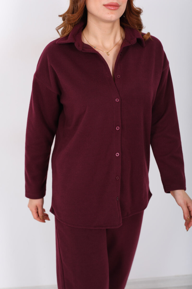 Düğmeli Bol Paça Bordo Kadın Selanik Takım - 2