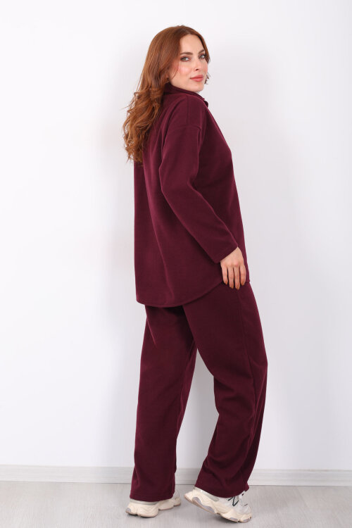 Düğmeli Bol Paça Bordo Kadın Selanik Takım - 5