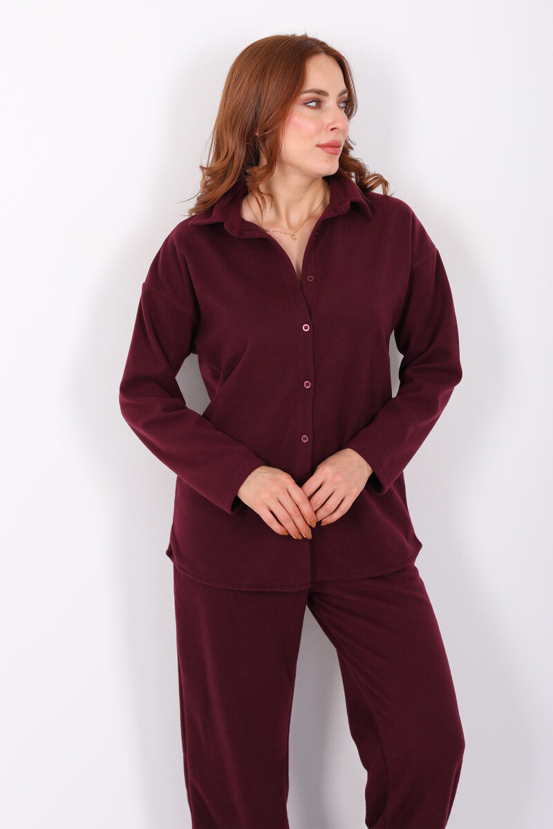 Düğmeli Bol Paça Bordo Kadın Selanik Takım - 1