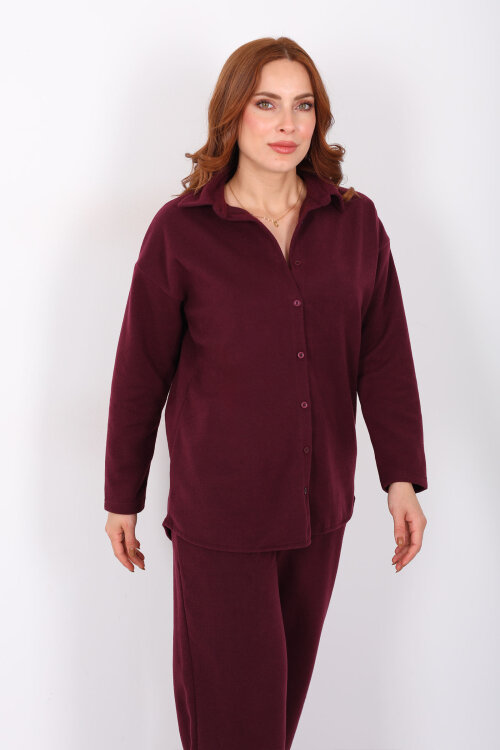 Düğmeli Bol Paça Bordo Kadın Selanik Takım - 6