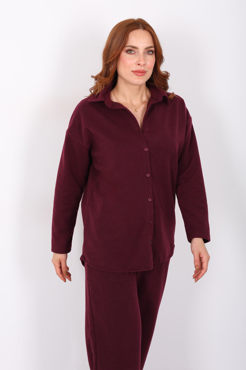 Düğmeli Bol Paça Bordo Kadın Selanik Takım - 6