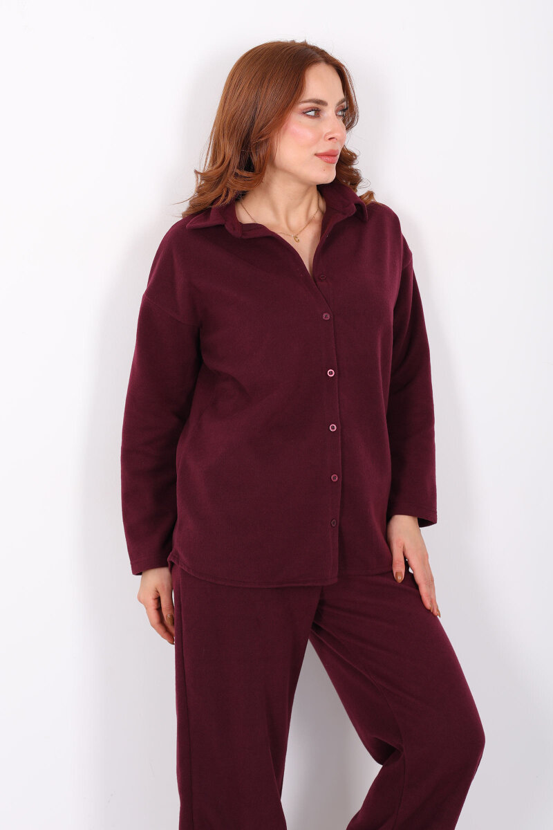 Düğmeli Bol Paça Bordo Kadın Selanik Takım - 3