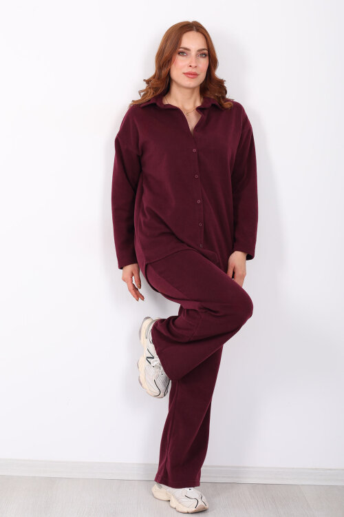 Düğmeli Bol Paça Bordo Kadın Selanik Takım - 4