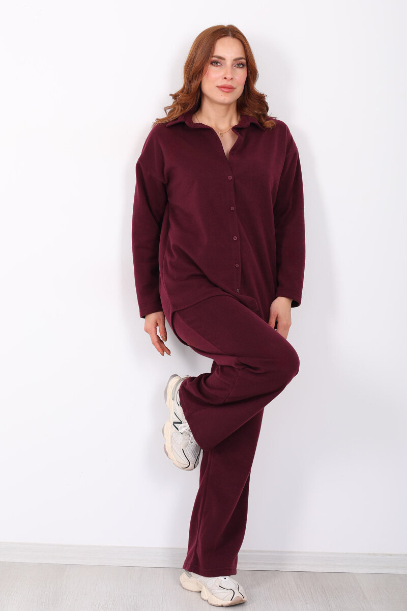 Düğmeli Bol Paça Bordo Kadın Selanik Takım - 4