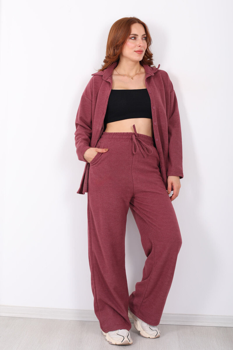 Düğmeli Bol Paça Gül Kurusu Kadın Selanik Takım - 8