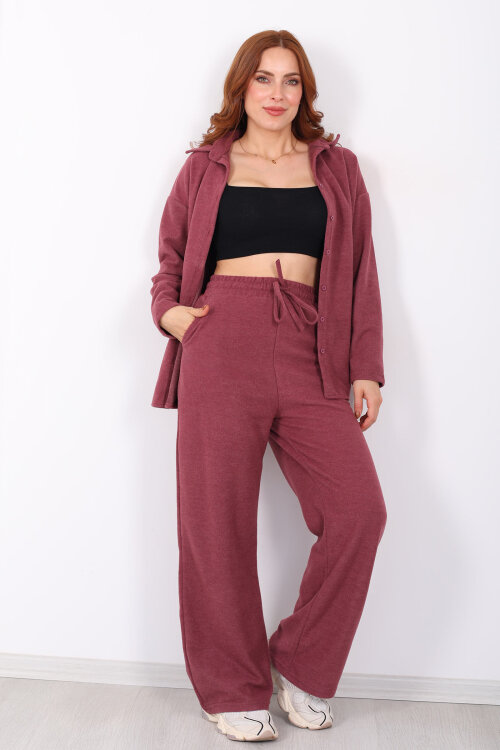 Düğmeli Bol Paça Gül Kurusu Kadın Selanik Takım - 3