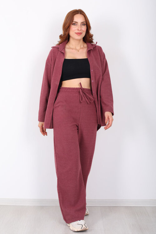 Düğmeli Bol Paça Gül Kurusu Kadın Selanik Takım - 5