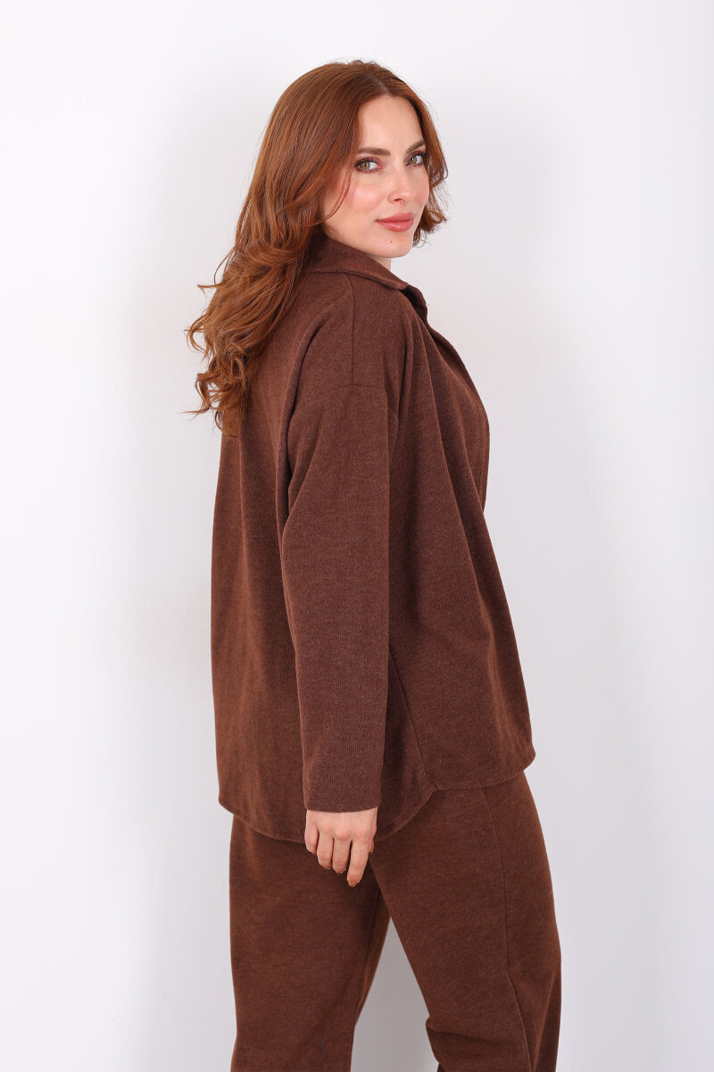 Düğmeli Bol Paça Kahverengi Kadın Selanik Takım - 5