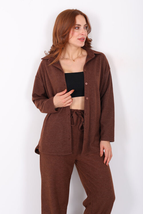 Düğmeli Bol Paça Kahverengi Kadın Selanik Takım - Berox