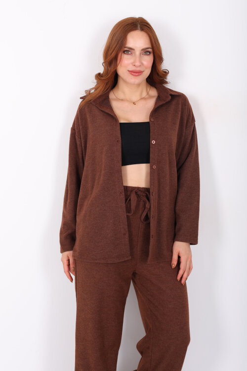 Düğmeli Bol Paça Kahverengi Kadın Selanik Takım - 4