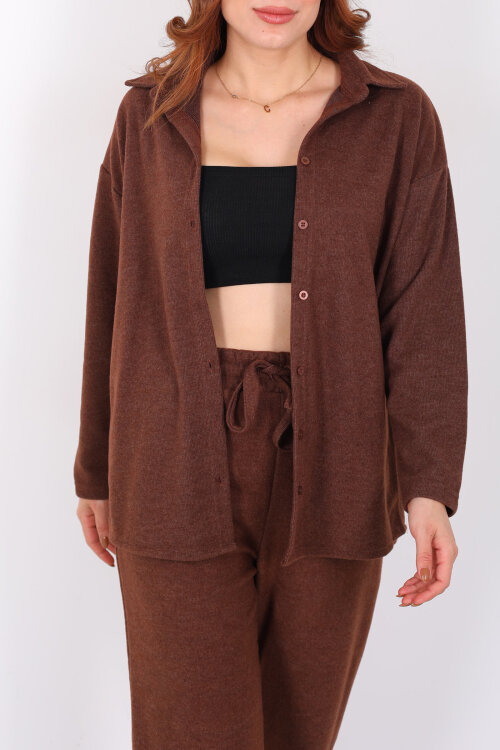 Düğmeli Bol Paça Kahverengi Kadın Selanik Takım - Berox (1)