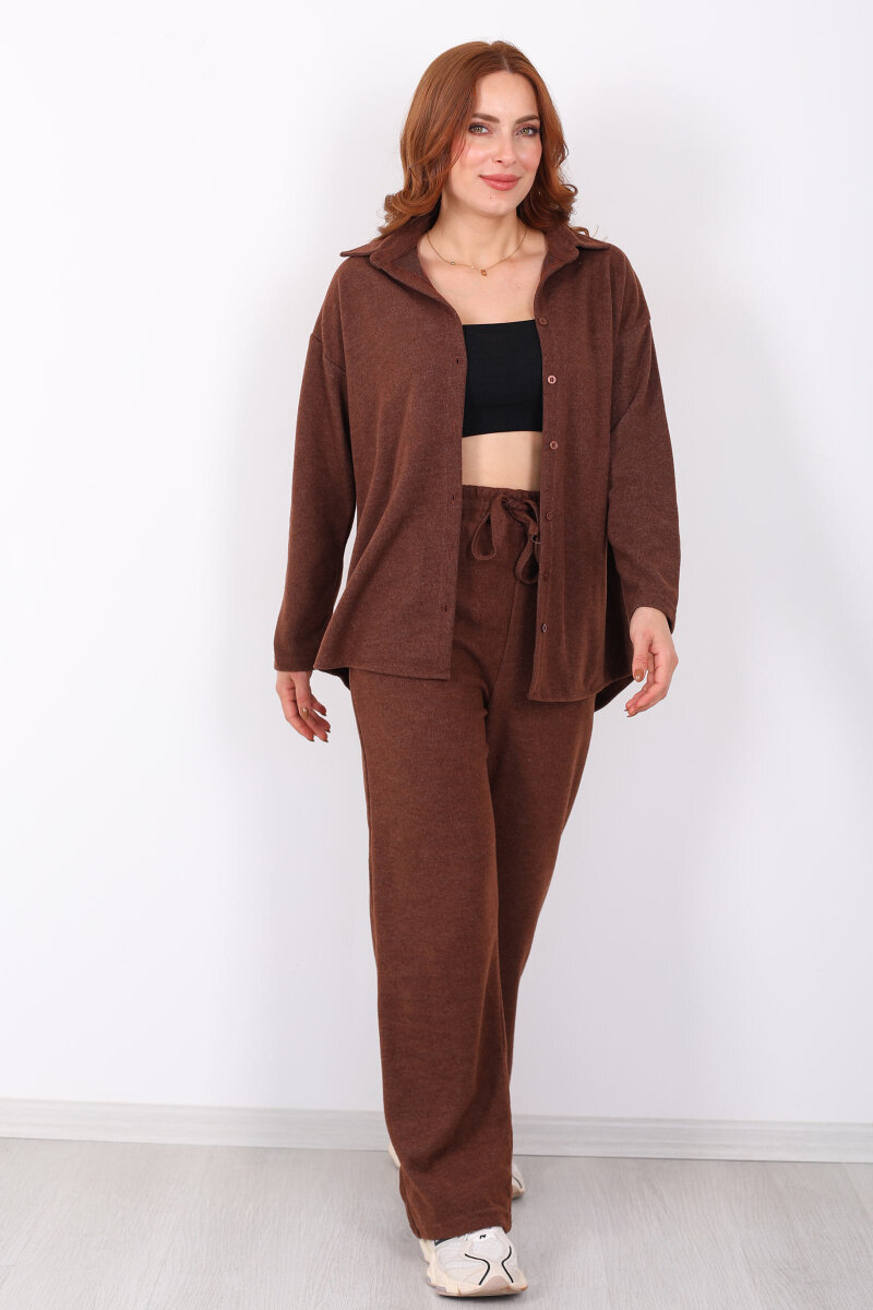 Düğmeli Bol Paça Kahverengi Kadın Selanik Takım - 3