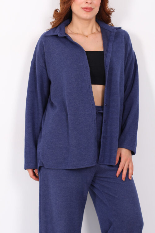 Düğmeli Bol Paça Lacivert Kadın Selanik Takım - Berox (1)