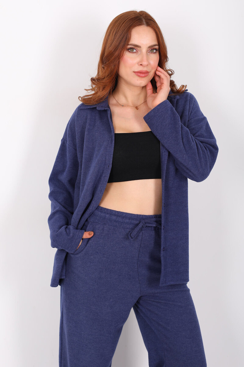 Düğmeli Bol Paça Lacivert Kadın Selanik Takım - 4