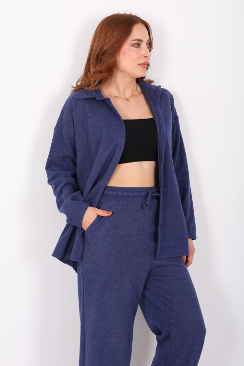 Düğmeli Bol Paça Lacivert Kadın Selanik Takım - 6