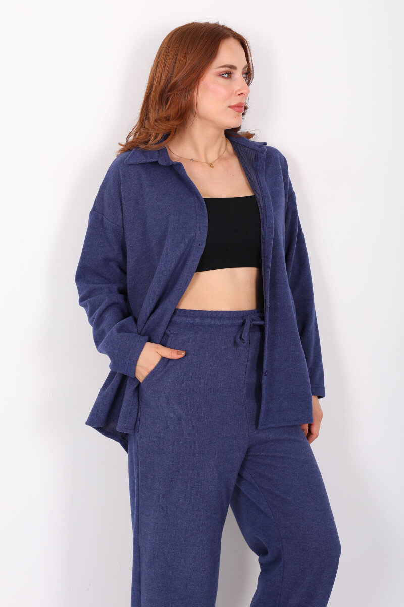 Düğmeli Bol Paça Lacivert Kadın Selanik Takım - 6