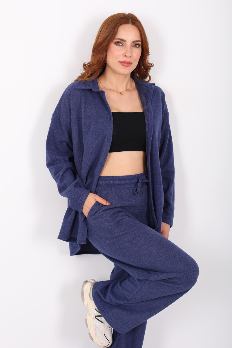 Düğmeli Bol Paça Lacivert Kadın Selanik Takım - 1