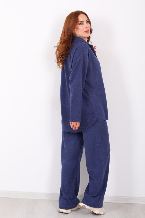 Düğmeli Bol Paça Lacivert Kadın Selanik Takım - 5