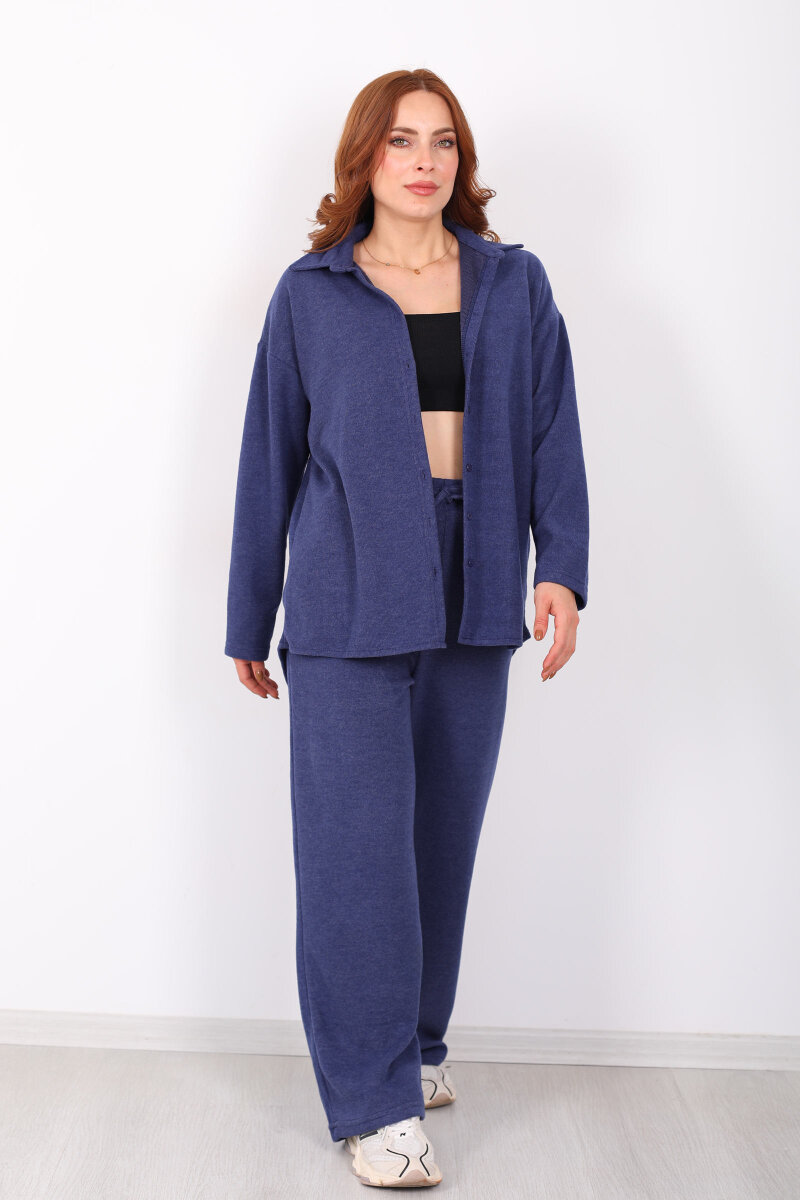 Düğmeli Bol Paça Lacivert Kadın Selanik Takım - 7
