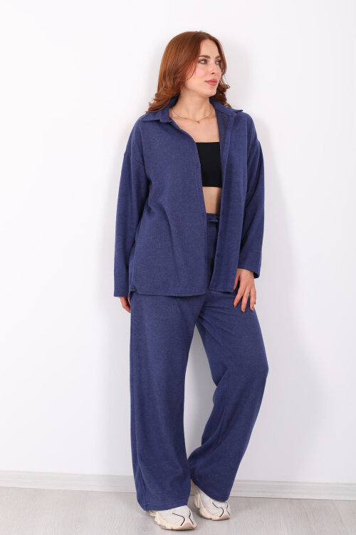 Düğmeli Bol Paça Lacivert Kadın Selanik Takım - 3