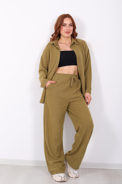 Düğmeli Bol Paça Yeşil Kadın Selanik Takım - 4