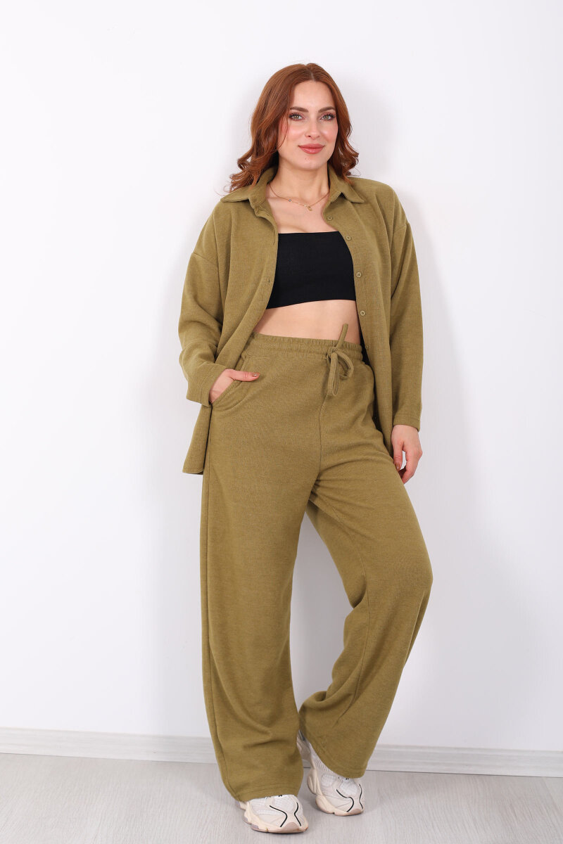 Düğmeli Bol Paça Yeşil Kadın Selanik Takım - 4